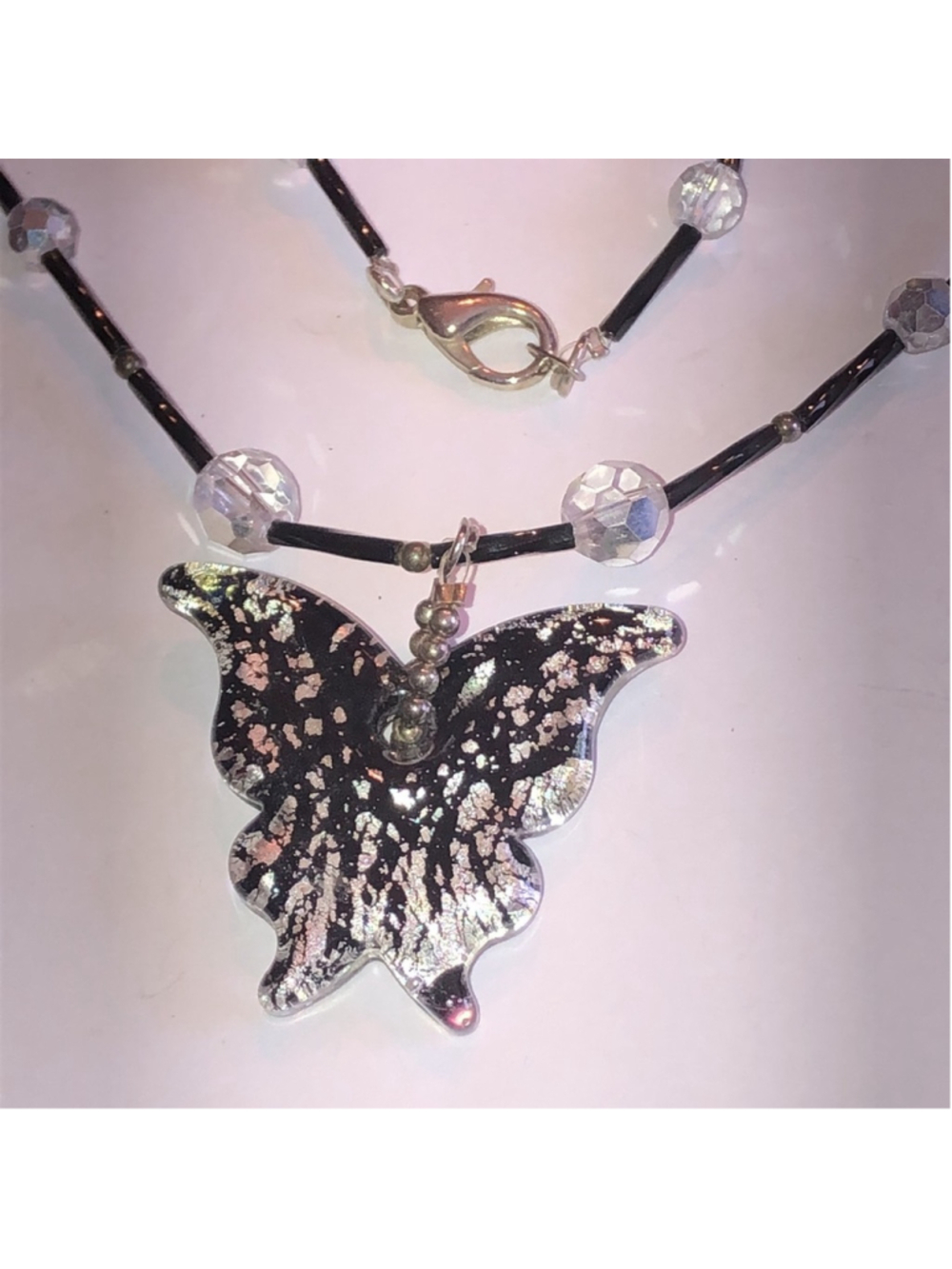 Black Clear Crystal Beaded Glass Shimmer Butterfly Pendant Boho Necklace